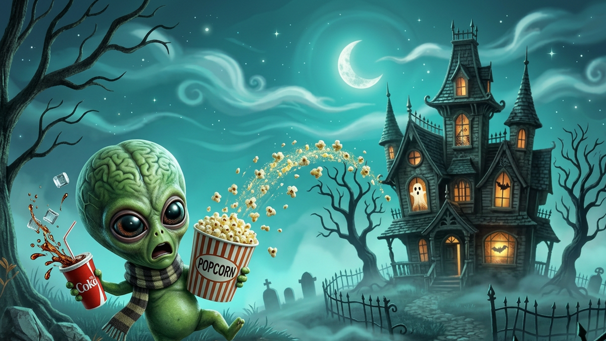 Photorealistic teal nighttime scene with a large-brained frightened alien and a haunted house